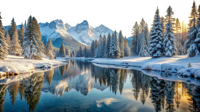 Snow covered pine trees beside a calm river reflecting snow capped mountains at sunrise A I Generated isolated on a transparent background
