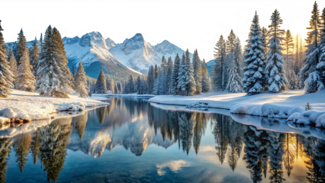 Snow covered pine trees beside a calm river reflecting snow capped mountains at sunrise A I Generated isolated on a transparent background