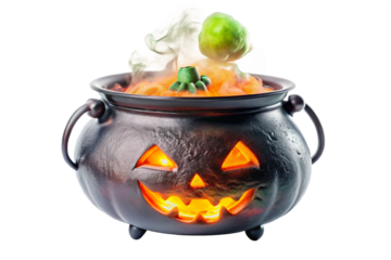 Spooky jack o lantern halloween cauldron with bubbling potion and ghost isolated on a transparent background