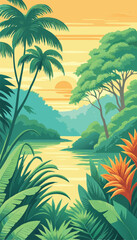Fototapeta premium Beautiful Tropical Jungle Landscape with Sunset Sky. Vector illustration