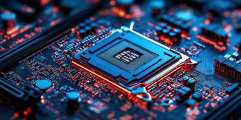 Obraz premium Circuit board with intricate microprocessor design illuminated by blue and red lights at a technology facility