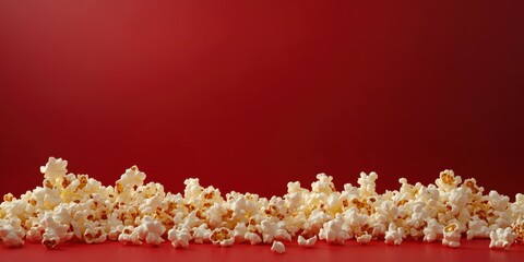 Popcorn scattered across vibrant red background creating a fun and playful atmosphere for movie time