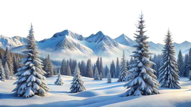Snow covered fir trees in a winter mountain landscape with blue sky and sunlight isolated on a transparent background