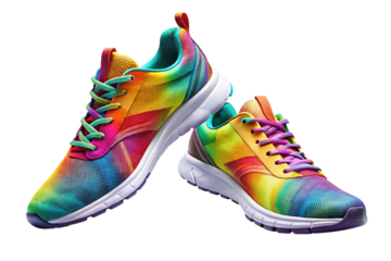 Two colorful running sneakers with rainbow tie dye pattern and green and purple laces isolated on a transparent background