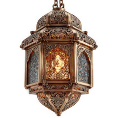 Ornate brass moroccan lantern with blue glass panels is isolated on transparent background