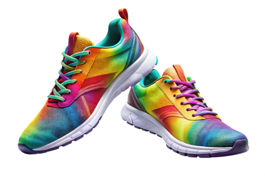 Two colorful running sneakers with rainbow tie dye pattern and green and purple laces isolated on a transparent background