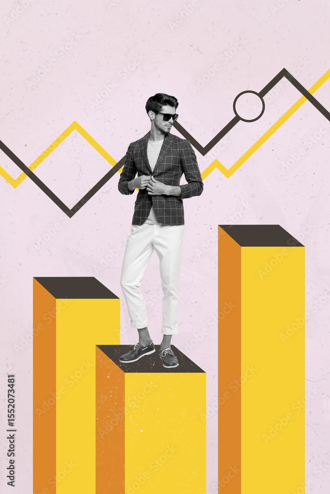 Poster pop image sketch 3d collage poster of happy businesswoman businessman stand 3d chart development sta