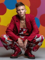 Young and fashionable person with short spiked hairstyle sitting against colorful polka dot background