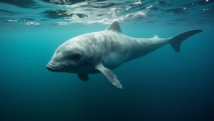 A beluga whale glides effortlessly through the clear blue waters of the Arctic, showcasing its unique shape and gentle demeanor as it explores its underwater habitat.