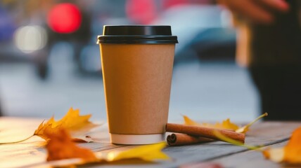 A blank paper coffee cup on a wooden table with cinnamon sticks and autumn leaves. Cozy blurred city background with bokeh lights.