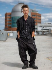 Young stylish man with dreadlocks dressed in all black on rooftop with city background