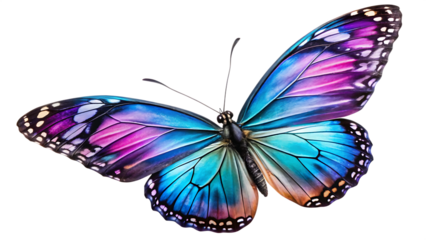 Vibrant blue and purple butterfly with intricate wing patterns in flight isolated on a transparent background