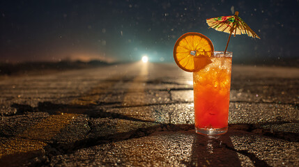 Colorful cocktail on cracked pavement with decorative umbrella under night sky