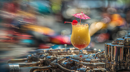 Colorful tropical cocktail garnished with umbrella and cherry sits on metal engine in a vivid outdoor setting