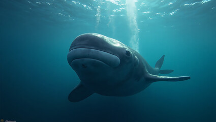 A beluga whale glides effortlessly through the clear blue waters of the Arctic, showcasing its unique shape and gentle demeanor as it explores its underwater habitat.