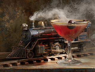 Vintage steam train alongside a classic cocktail in a nostalgic setting with smoke effects