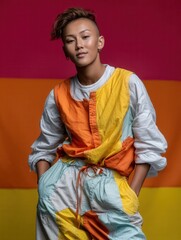 Feminine woman with edgy hairstyle wearing colorful casual outfit against vibrant background