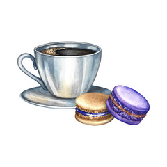 A cup of coffee and a macaroon cookie. Hand-drawn watercolor illustration. Colorful image. French cuisine. For packaging, logos, and labels. For banners, flyers, menus, posters, and more.