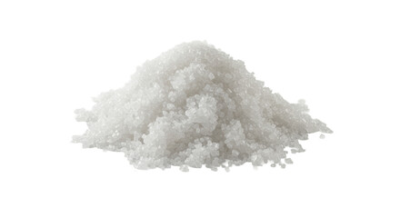 A small, irregular pile of transparent, translucent, highly reflective granular crystalline material, resembling coarse sea salt or sugar crystals, isolated on a transparent background with softbox
