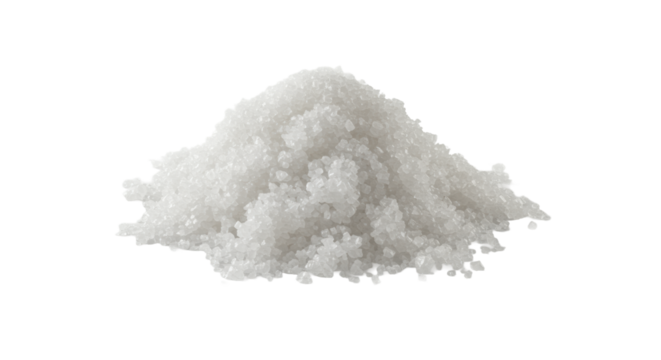 A small, irregular pile of transparent, translucent, highly reflective granular crystalline material, resembling coarse sea salt or sugar crystals, isolated on a transparent background with softbox