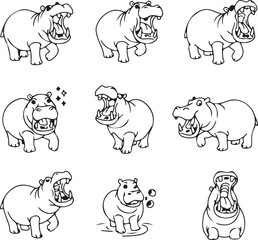 Nine Unique Hippopotamus Illustrations: Cartoon Line Art Set for Design Projects