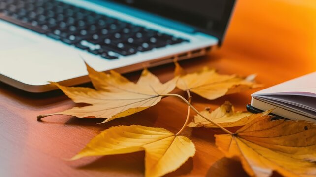 Golden autumn leaves adorn a warm wooden desk with a laptop and open notebook in the background, creating a cozy and inviting atmosphere for work or study.