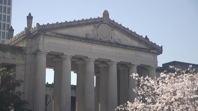 Beautiful architecture with blooming cherry trees
