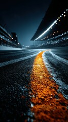 Racing track illuminated at night with vivid paint markings and empty grandstands