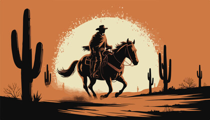 Silhouetted Cowboy on Horseback Against Full Moon – Western Desert Digital Art