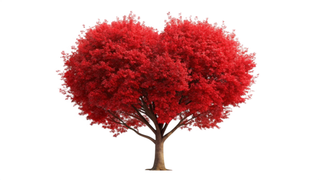 Vibrant red tree with heart shaped foliage on black background A I Generated isolated on a transparent background