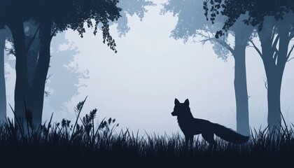 Misty Fox Silhouette Standing In Meadow: A Magical Forest Landscape With Trees, Grass, And Fog In Blue And Gray Tones.