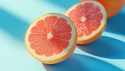 Vibrant Grapefruit In Sunshine: A Creative Food Display On Soft Blue Background With Citrus Slices And Hard Shadows.
