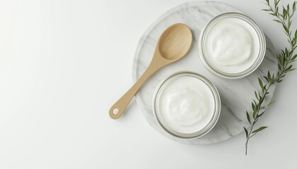 Fresh Natural Organic Yogurt In Glass Jars On Marble Tray: Homemade Greek Yogurt Served With Wooden Spoons For A Healthy Breakfast. Top View.