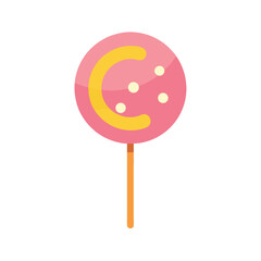 Pink Lollipop with Yellow Crescent and Dots on White Background