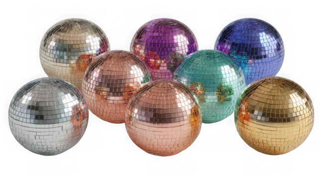 Several colorful disco balls are isolated on transparent background