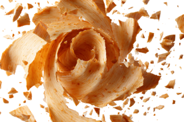 Close up of shattered wood shavings, swirling motion.