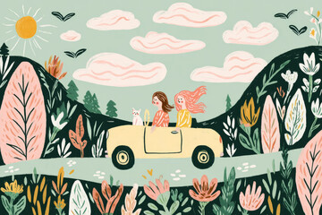 Three friends are having a joyful ride in a retro convertible, cruising along a winding road surrounded by vibrant flowers and picturesque hills under a clear sky