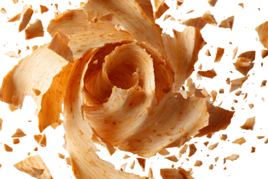 Close up of shattered wood shavings, swirling motion.