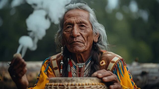 An old Native American elder holding a smoking pipe with a basket in hand outdoors
