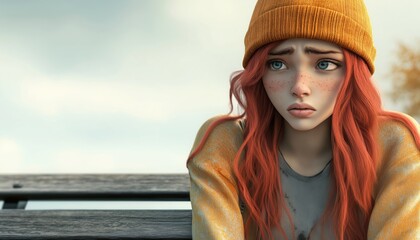 Lonely Redhead Girl With Hat And Shirt, Feeling Anxious And Depressed After Becoming Homeless, Sitting Outdoors On Wooden Bench.