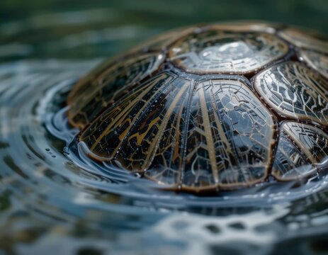 Close-up of a turtle shell pattern with water ripples reflecting on it
