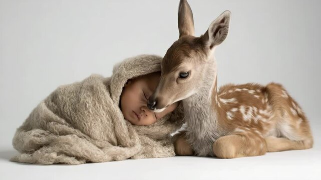 Rehkitz schnuppert an schlafendem Baby im Fotostudio. K&uuml;nstliche Intelligenz KI