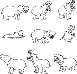 Hippopotamus Line Art: Nine Poses for Animation or Illustration
