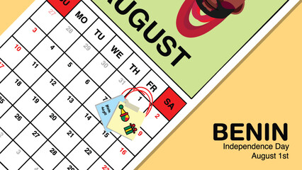 Benin Independence Day reminder on August 1st in a wall calendar with illustrative people wearing the nation's traditional attire.