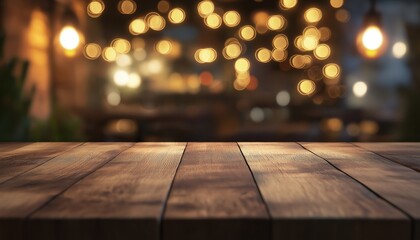Wooden Table Set Against Blurred Restaurant Lights: An Aesthetic Image Capturing The Ambiance Of Dining Out. Rustic Yet Modern Feel.