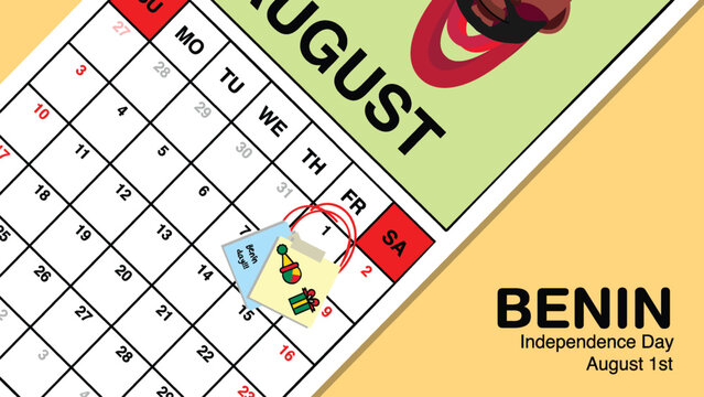 Benin Independence Day reminder on August 1st in a wall calendar with illustrative people wearing the nation's traditional attire.