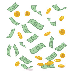 Cartoon illustration of falling money: dollar bills and gold coins, cheerful, financial success concept.
