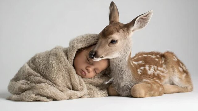 Rehkitz schnuppert an schlafendem Baby im Fotostudio. K&uuml;nstliche Intelligenz KI