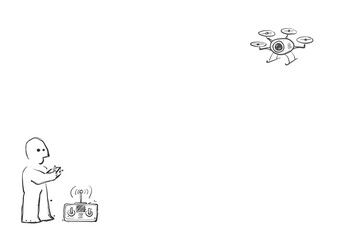 Simple vector doodle of a person operating a remote-controlled flying drone with a camera.