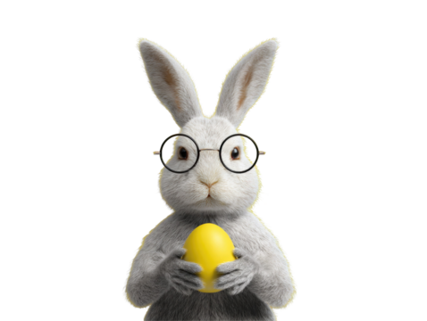 Easter Bunny Round Glasses Holding Yellow egg isolated on a transparent background